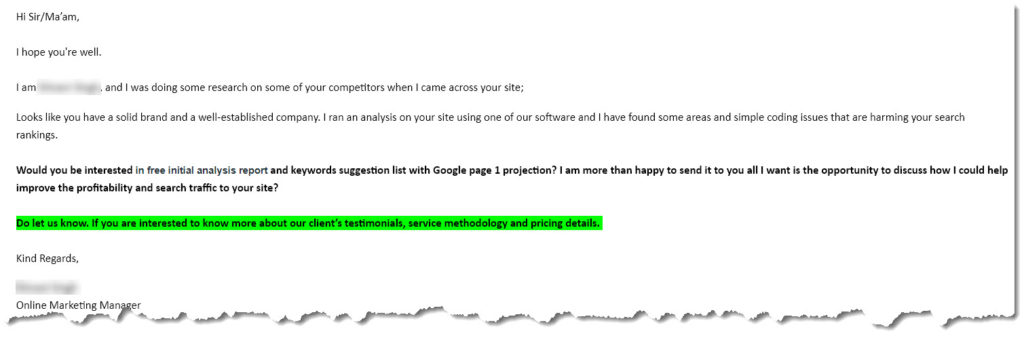 Digital Marketing Company Spam Example